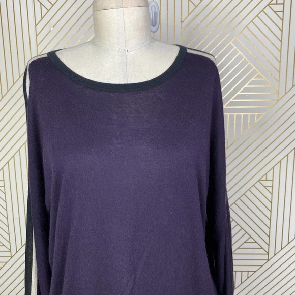 Kokun Back Slit Pop‎ Stripe Crew Neck Bamboo Cashmere Sweater Purple Size Large - Picture 4 of 12
